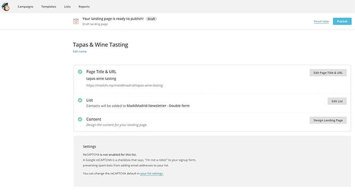 Landing page creada - Mailchimp