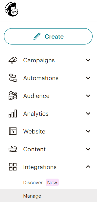 Menú lateral izquierdo Mailchimp