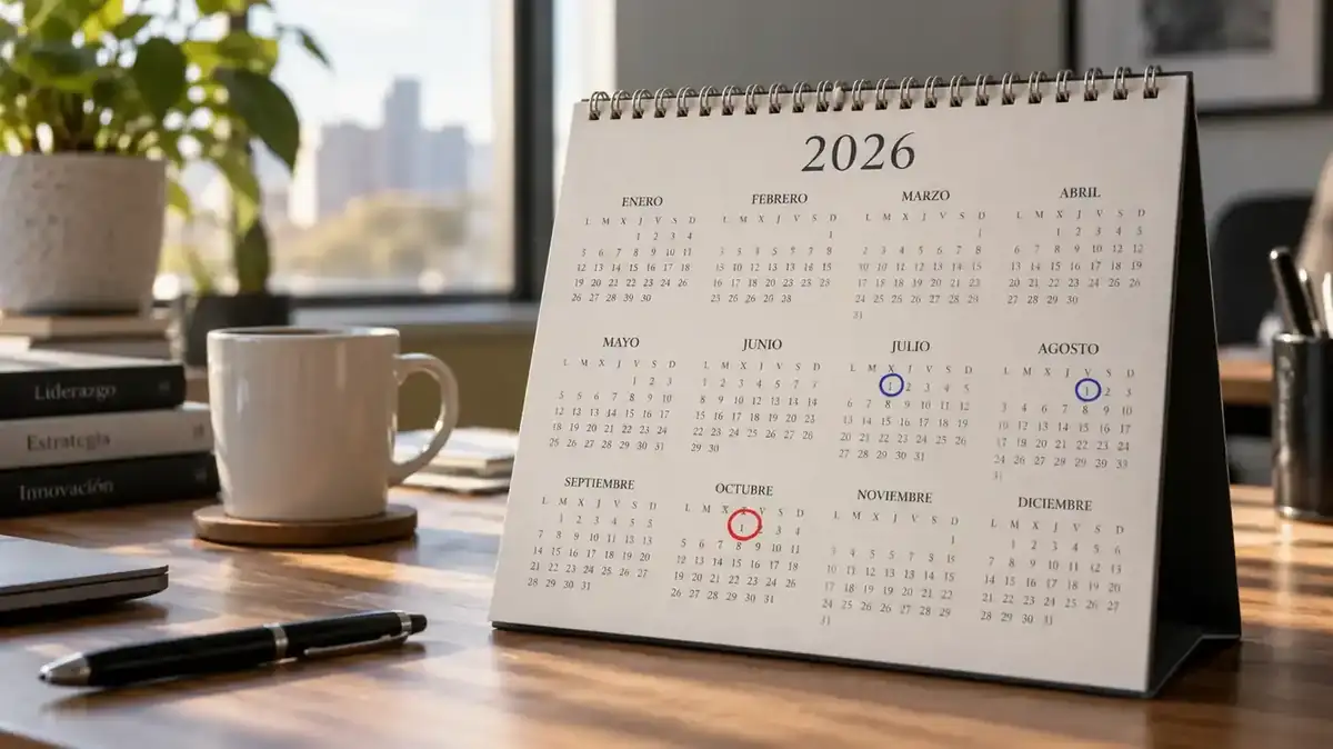 Calendario de sobremesa de 2026 sobre una mesa de oficina con el 1 de julio, el 1 de agosto y el 1 de octubre marcados a mano