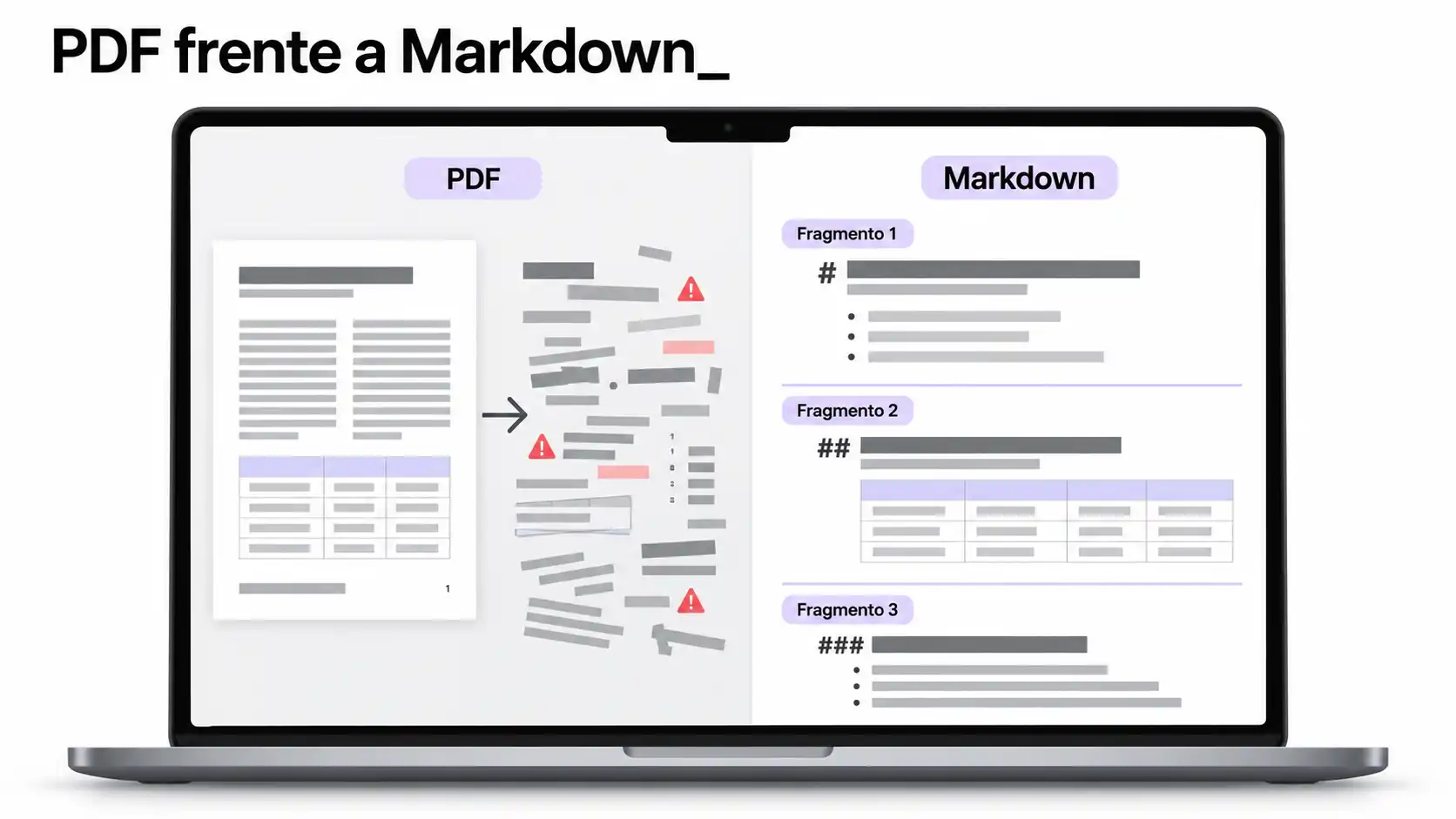 Comparación en un portátil entre un PDF con columnas y pies de página que se desordena al extraer el texto y el mismo contenido en Markdown dividido en fragmentos