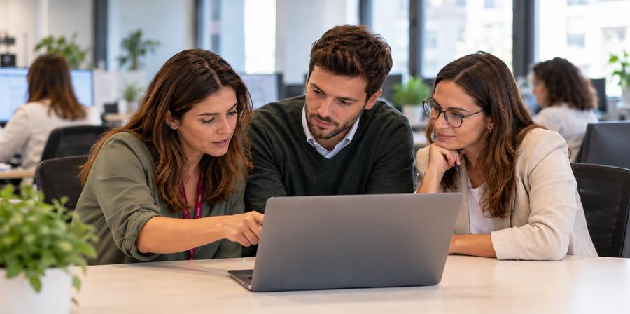Three people from different teams talking around a laptop on a clear table