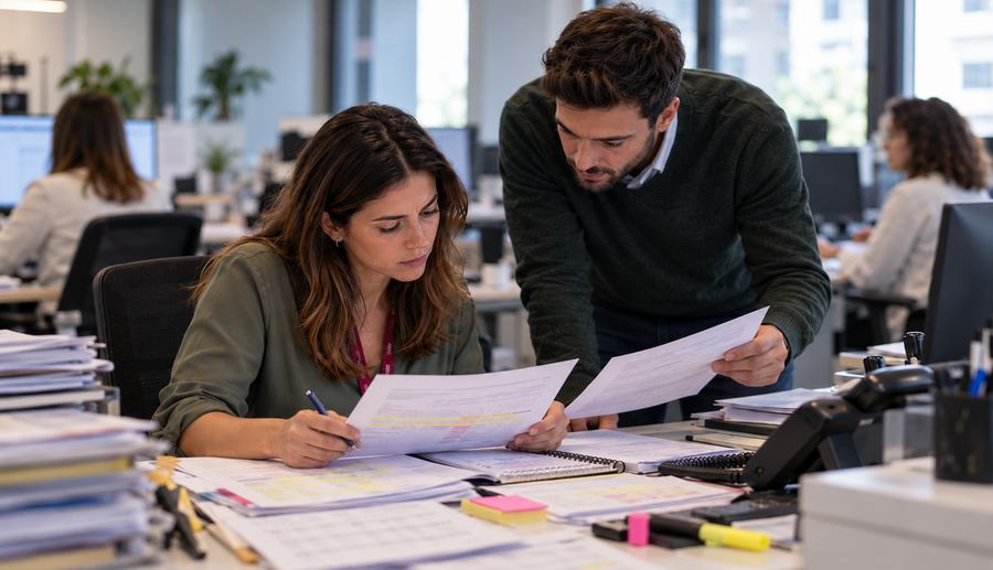 Two members of the admissions team manually reviewing printed lists of applications at an office desk